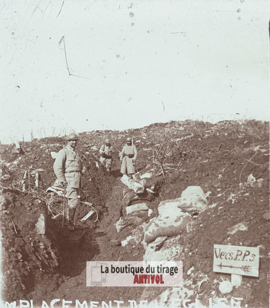 Vauquois, place de l’Église, guerre WW1, plaque verre stéréo, photo 4,5x10,7 cm