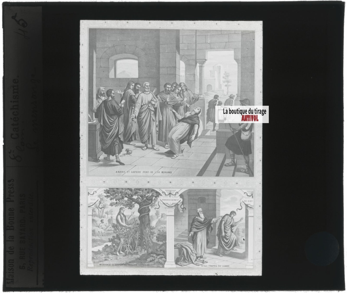 Scène religieuse, catéchisme, dessin peinture, plaque verre, positif 8,5x10 cm