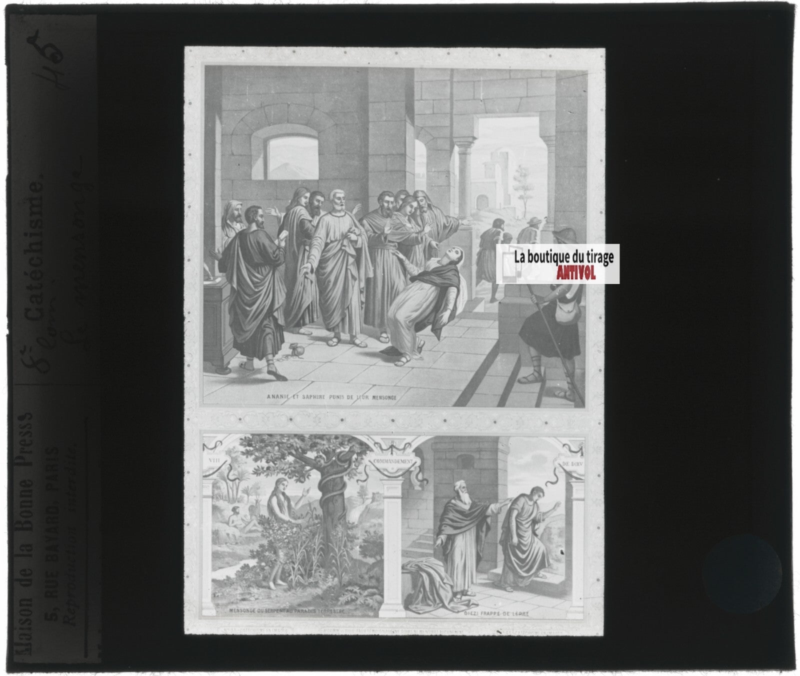 Scène religieuse, catéchisme, dessin peinture, plaque verre, positif 8,5x10 cm