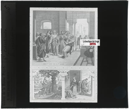 Scène religieuse, catéchisme, dessin peinture, plaque verre, positif 8,5x10 cm