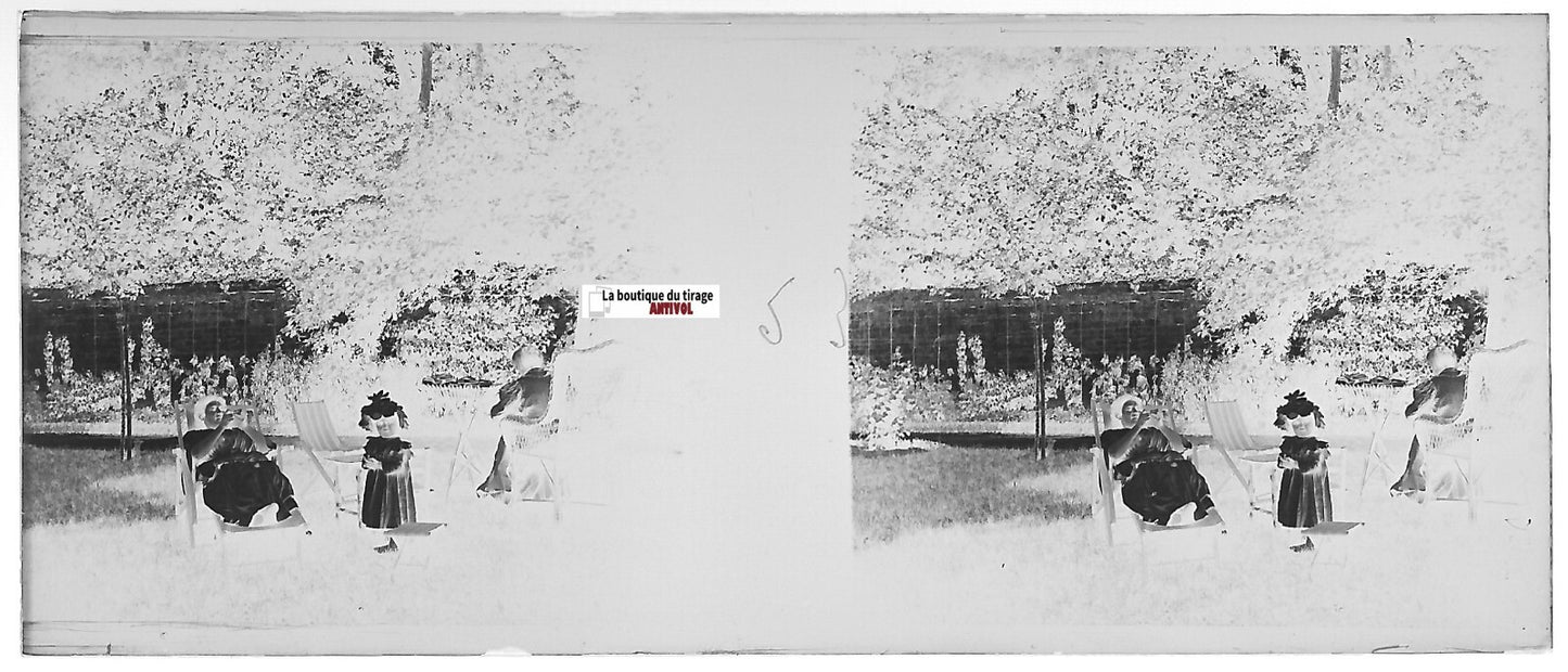 Jardin, détente, Plaque verre photo stéréo, négatif noir & blanc 4,5x10,7 cm