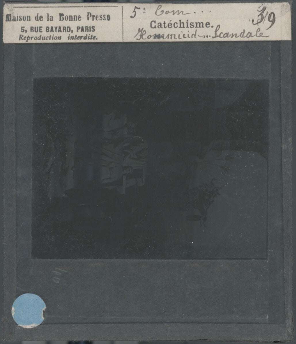 Scène religieuse, catéchisme, dessin peinture, plaque verre, positif 8,5x10 cm