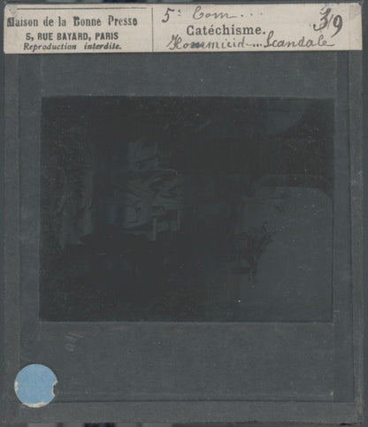 Scène religieuse, catéchisme, dessin peinture, plaque verre, positif 8,5x10 cm