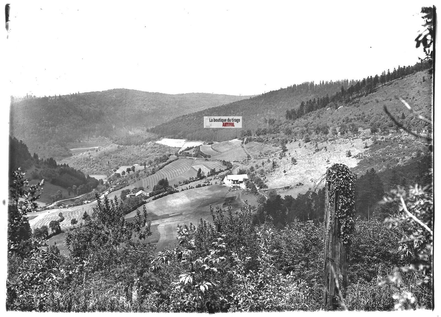 Plaque verre photo ancienne positif noir et blanc 13x18 cm campagne maison