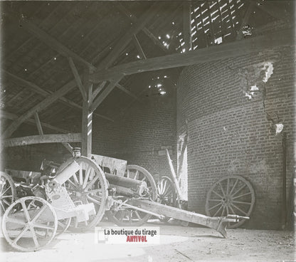 Matériel d’artillerie, canons WW1, plaque verre photo ancienne stéréo 6x13 cm