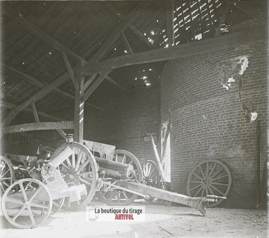 Matériel d’artillerie, canons WW1, plaque verre photo ancienne stéréo 6x13 cm