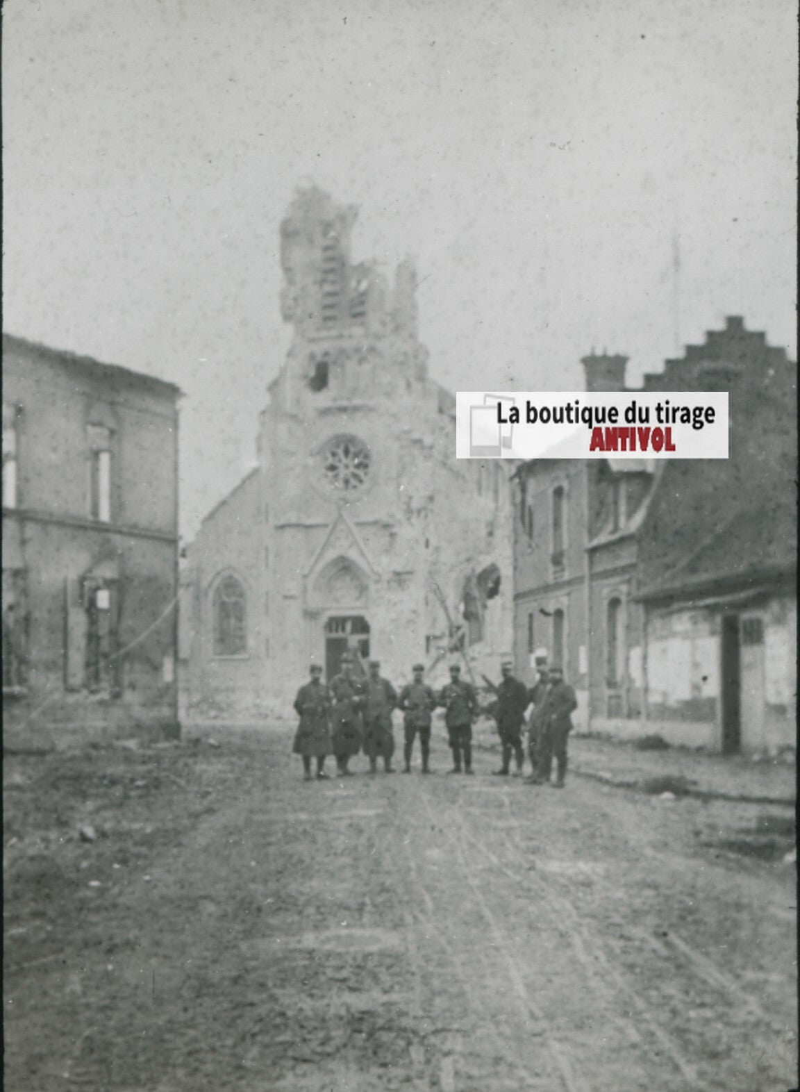 Ribécourt bombardé, guerre, photo plaque verre, noir & blanc, positif 8,5x10 cm