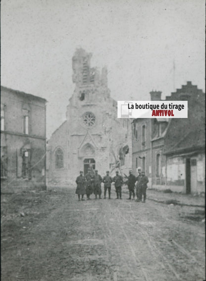 Ribécourt bombardé, guerre, photo plaque verre, noir & blanc, positif 8,5x10 cm