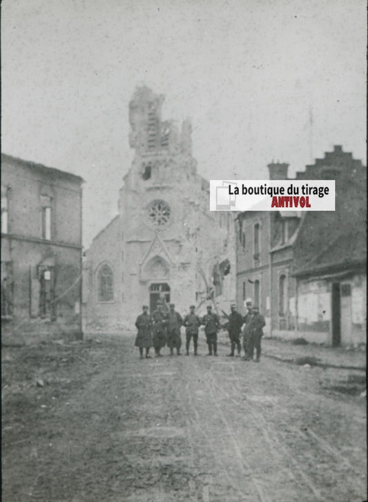 Ribécourt bombardé, guerre, photo plaque verre, noir & blanc, positif 8,5x10 cm