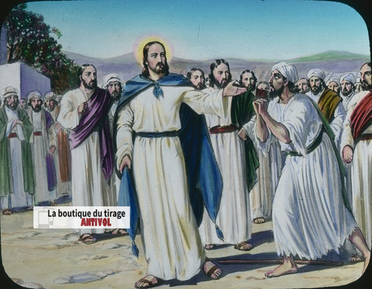 Guérison aveugle Jéricho, dessin, plaque verre ancienne, couleur 8,5x10 cm