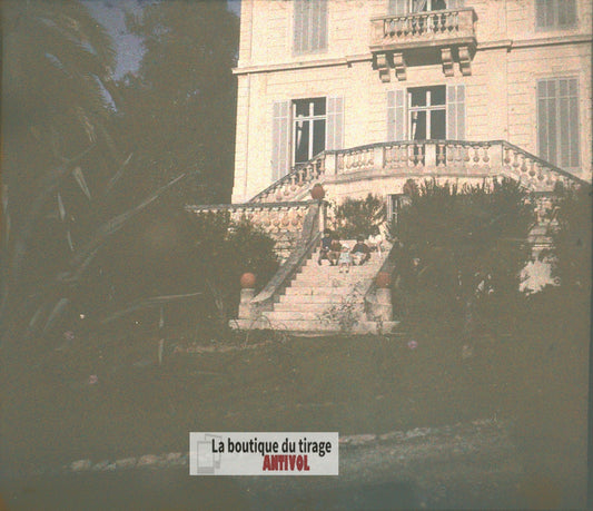 Cannes, enfants villa, plaque verre, photo ancienne stéréo 6x13 cm Autochrome