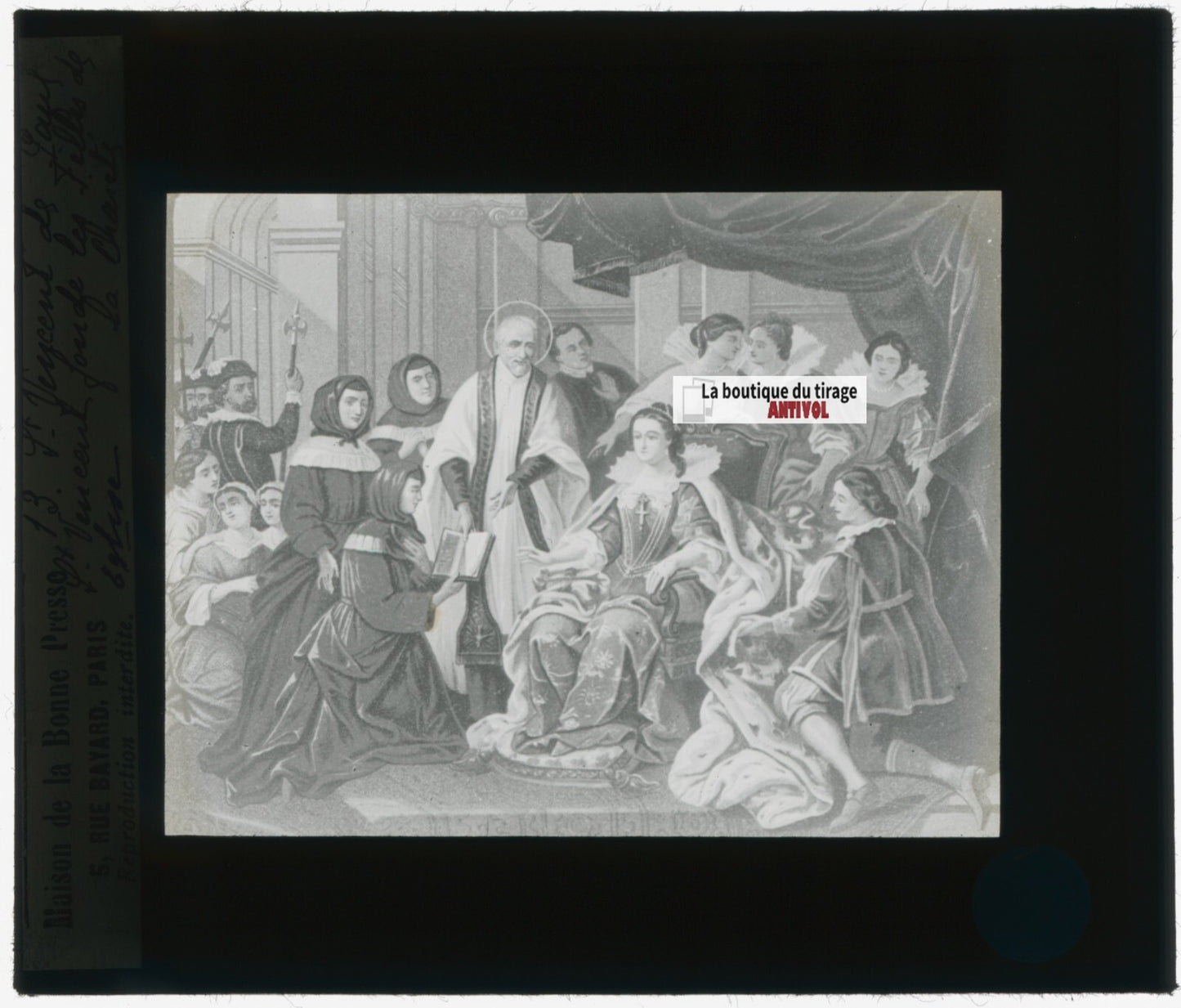 Scène religieuse, dessin, plaque de verre, noir & blanc, positif 8,5x10 cm