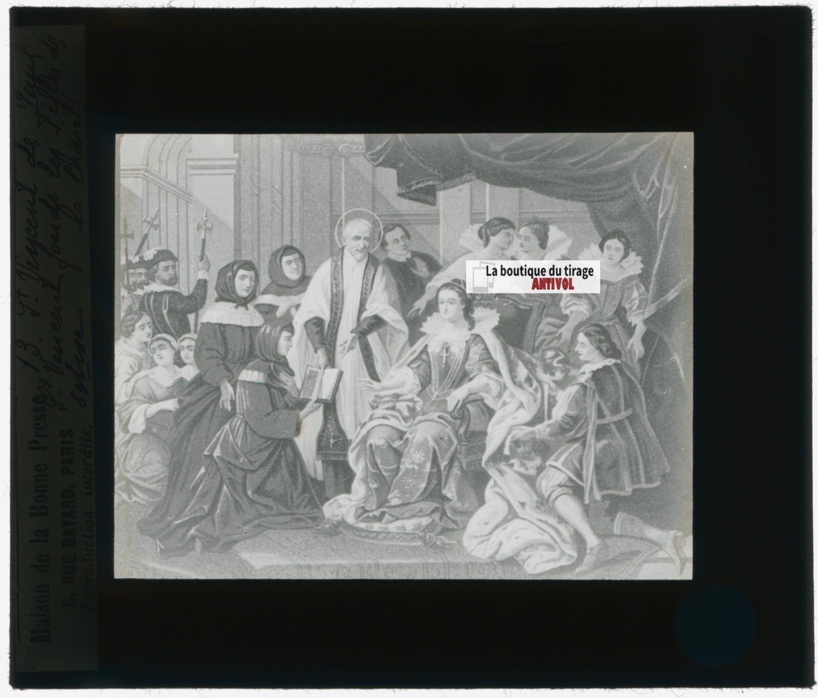 Scène religieuse, dessin, plaque de verre, noir & blanc, positif 8,5x10 cm