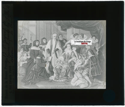 Scène religieuse, dessin, plaque de verre, noir & blanc, positif 8,5x10 cm