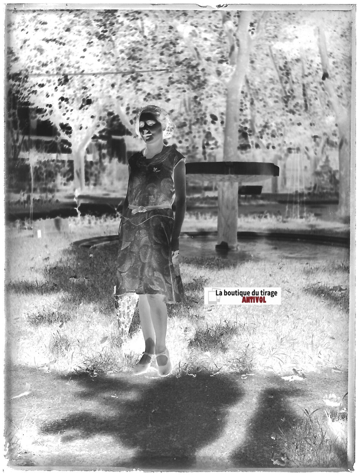 Belle dame robe, parc, Plaque verre photo ancienne, négatif noir & blanc 9x12 cm