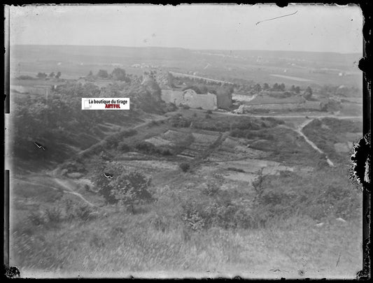 Ruines d'un château, plaque verre photo ancienne, négatif noir & blanc 9x12 cm