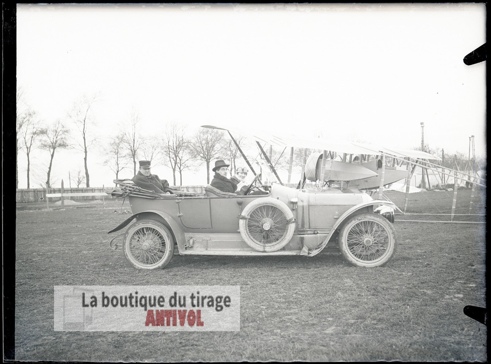 Voiture, avion biplan, militaire, plaque verre, photo ancienne, négatif 9x12 cm
