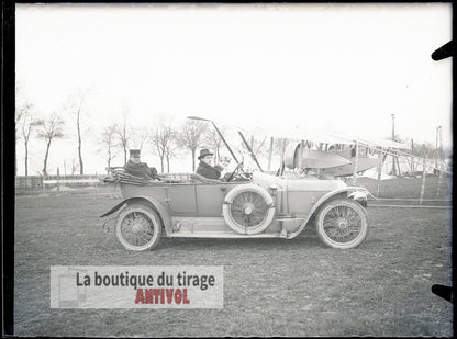 Voiture, avion biplan, militaire, plaque verre, photo ancienne, négatif 9x12 cm