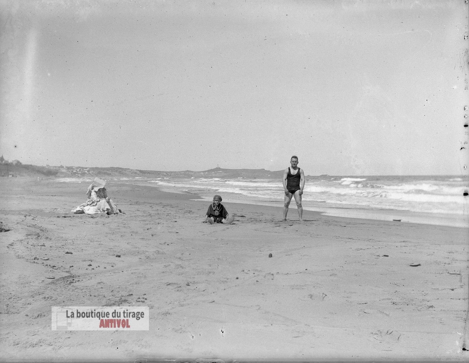 Famille mer, Oran, Algérie, plaque verre, photo ancienne, négatif 9x12 cm