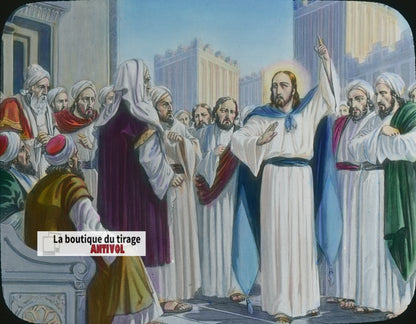 Fête des Tabernacles, Jésus, dessin, plaque verre ancienne, couleur 8,5x10 cm