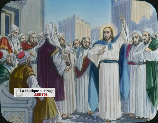 Fête des Tabernacles, Jésus, dessin, plaque verre ancienne, couleur 8,5x10 cm