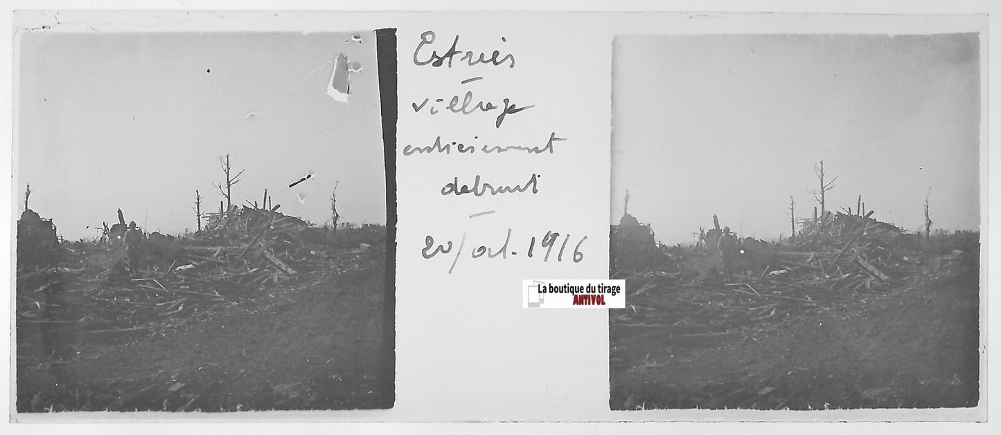 Estrées bombardement WW1, Plaque verre stéréo, positif noir & blanc 4,5x10,7 cm
