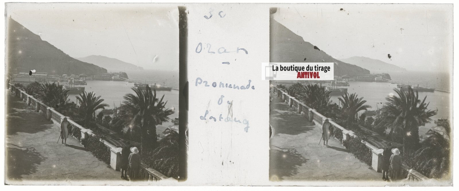 Promenade Létang, Oran, Plaque verre stéréo, positif noir & blanc 4,5x10,7 cm