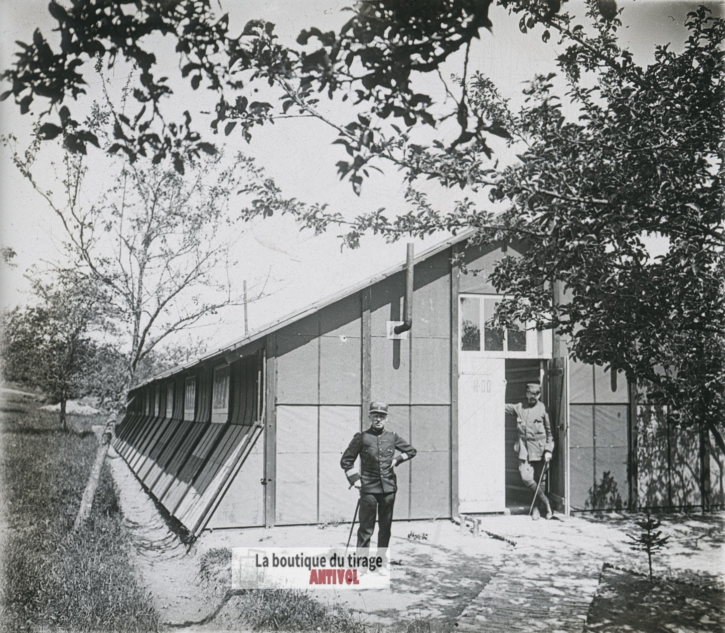 Baraque militaire, guerre WW1, plaque verre photo ancienne stéréo 6x13 cm