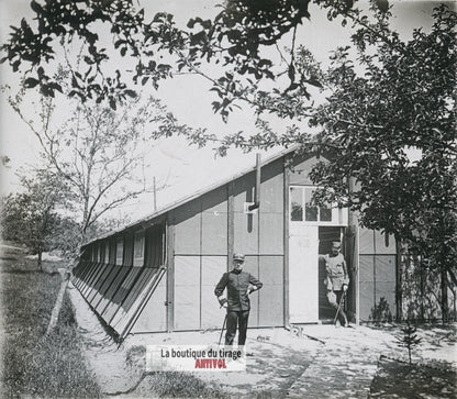 Baraque militaire, guerre WW1, plaque verre photo ancienne stéréo 6x13 cm