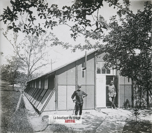 Baraque militaire, guerre WW1, plaque verre photo ancienne stéréo 6x13 cm