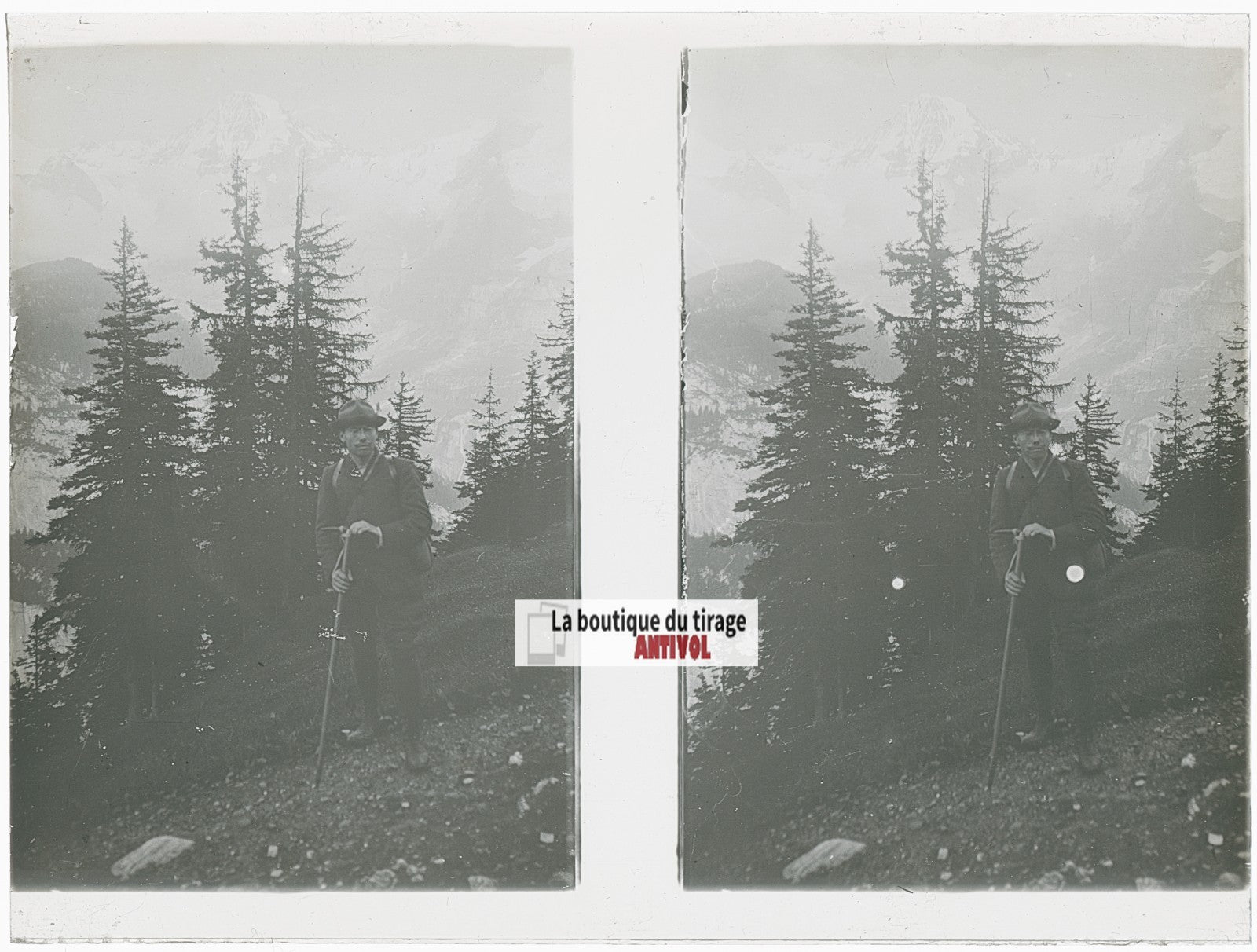 Alpiniste, Alpes Suisse, stéréo photo plaque verre, noir & blanc, 9x12 cm