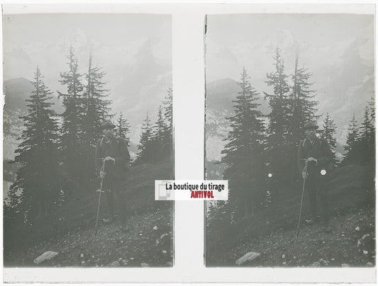 Alpiniste, Alpes Suisse, stéréo photo plaque verre, noir & blanc, 9x12 cm