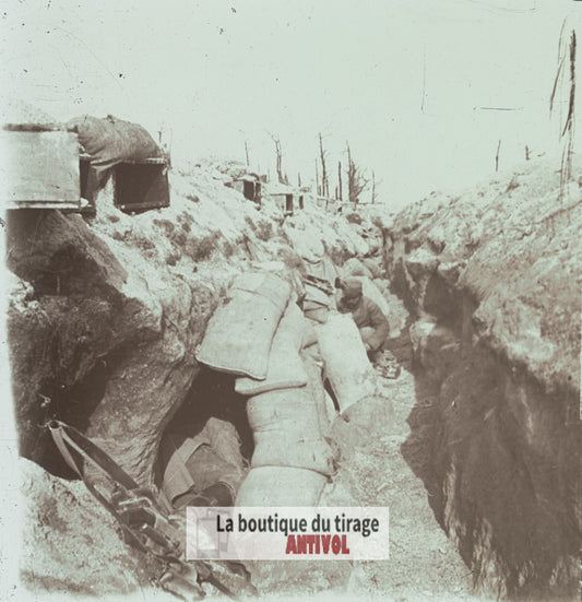 Tranchée en Champagne, guerre WW1, plaque verre stéréo, photo 4,5x10,7 cm