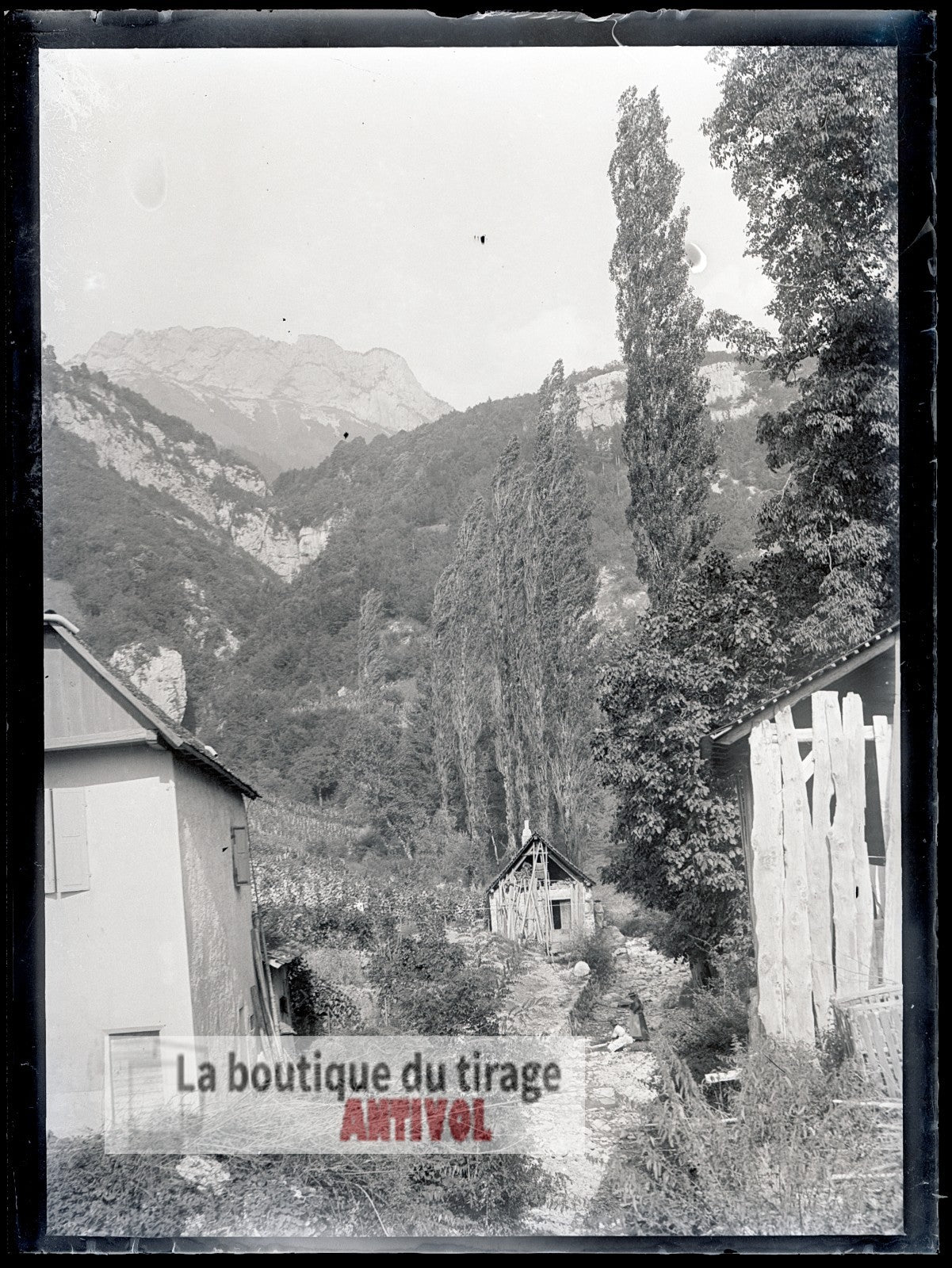 Paysage alpin, village France, plaque verre, photo ancienne, négatif 9x12 cm