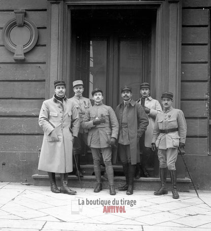 Officiers français, soldats, plaque verre, photo ancienne, négatif 9x12 cm
