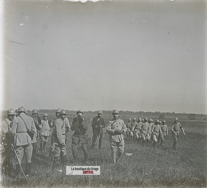 Manœuvres françaises, guerre WW1, plaque verre photo ancienne stéréo 6x13 cm