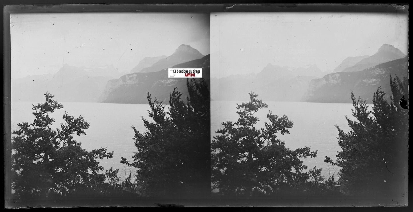 Montagne, lac, Plaque verre photo, stéréoscopique négatif noir & blanc 9x18 cm