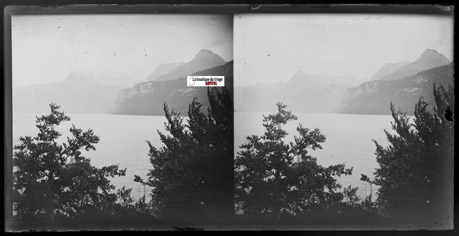 Montagne, lac, Plaque verre photo, stéréoscopique négatif noir & blanc 9x18 cm