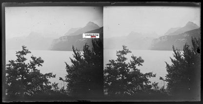 Montagne, lac, Plaque verre photo, stéréoscopique négatif noir & blanc 9x18 cm