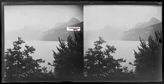 Montagne, lac, Plaque verre photo, stéréoscopique négatif noir & blanc 9x18 cm