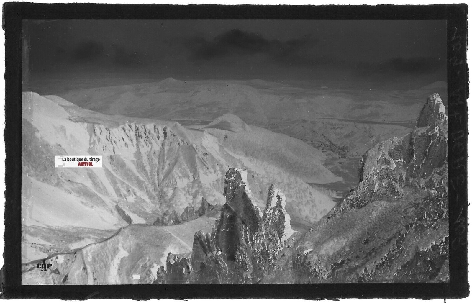 Plaque verre photo négatif noir & blanc 9x14 cm, Mont-Dore, paysage, montagne