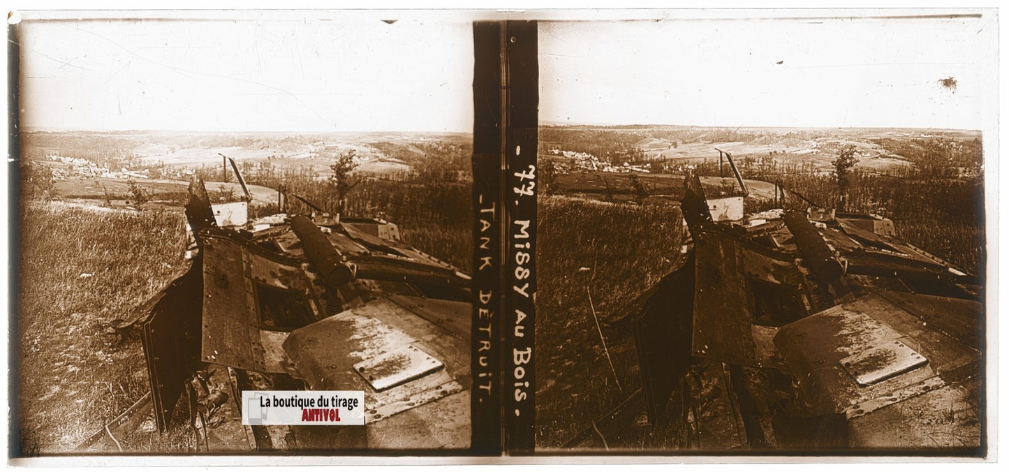 Missy-au-Bois, Tank détruit, WW1, plaque verre, photo ancienne stéréo 6x13 cm