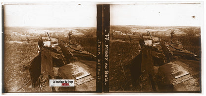 Missy-au-Bois, Tank détruit, WW1, plaque verre, photo ancienne stéréo 6x13 cm
