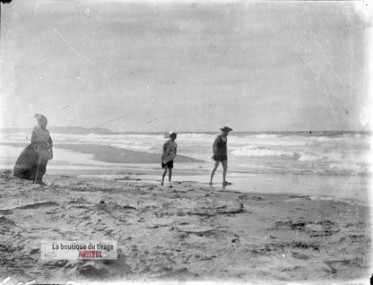 Baignade mer, Oran, Algérie, plaque verre, photo ancienne, négatif 9x12 cm