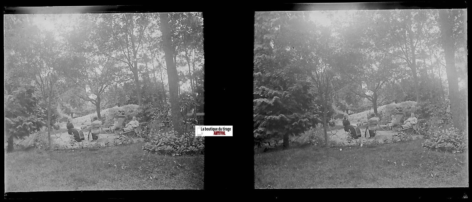 Détente au parc, Plaque verre photo stéréo, négatif noir & blanc 4,5x10,7 cm