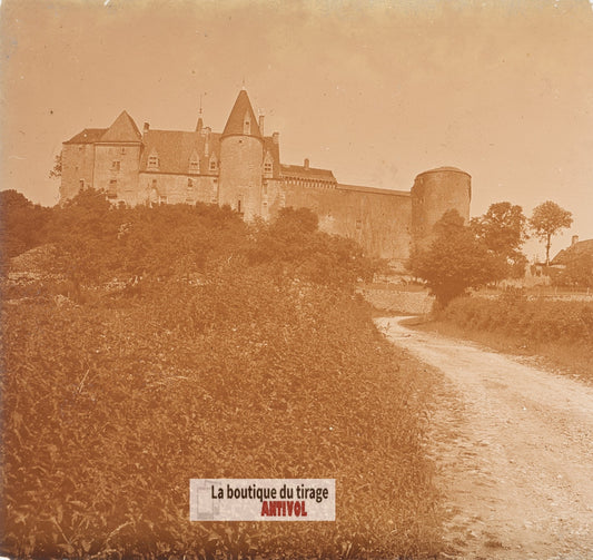 Châteauneuf, château, Côte-d’Or, plaque verre photo ancienne stéréo 6x13 cm