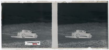 Algérie, voiture, plaque verre, photo stéréo, négatif noir & blanc 6x13 cm