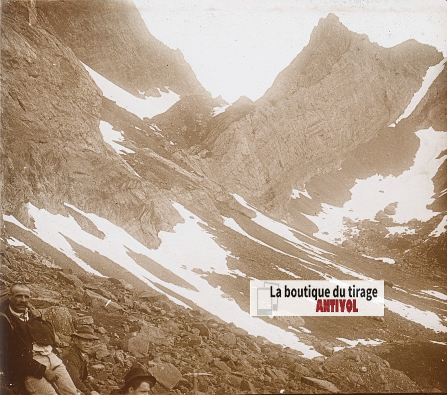 Pic Rouge de Pailla, plaque verre, photo ancienne stéréoscopie, sépia 6x13 cm