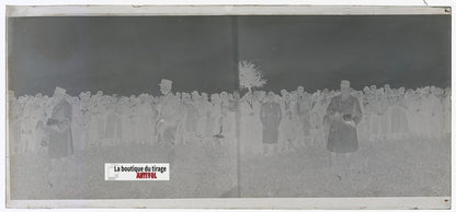 Cérémonie militaire France, plaque verre, photo ancienne, négatif N&B 6x13 cm