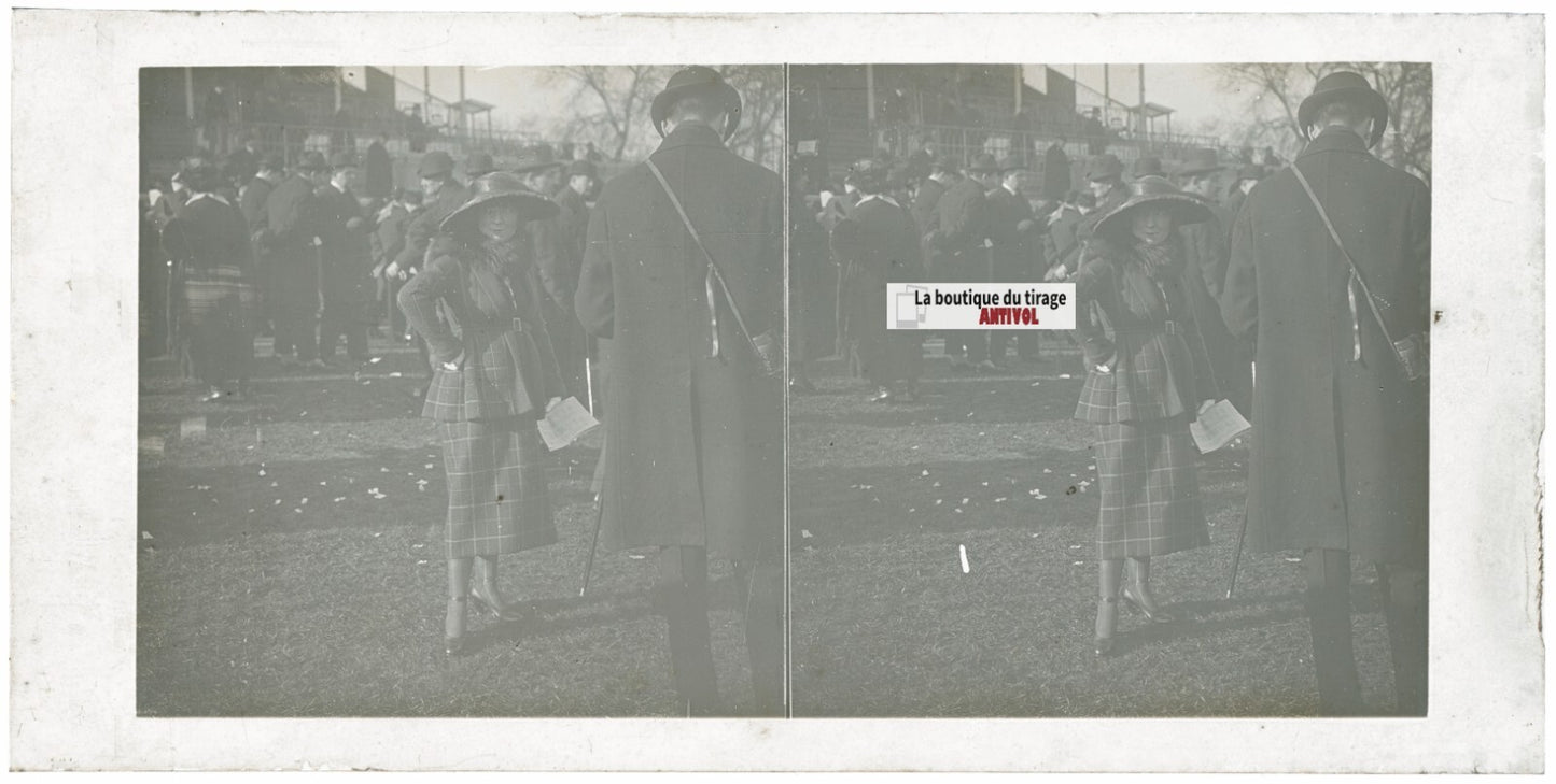 Scène de vie, Longchamp, Paris, plaque verre stéréoscopique, positif 8,5x17 cm